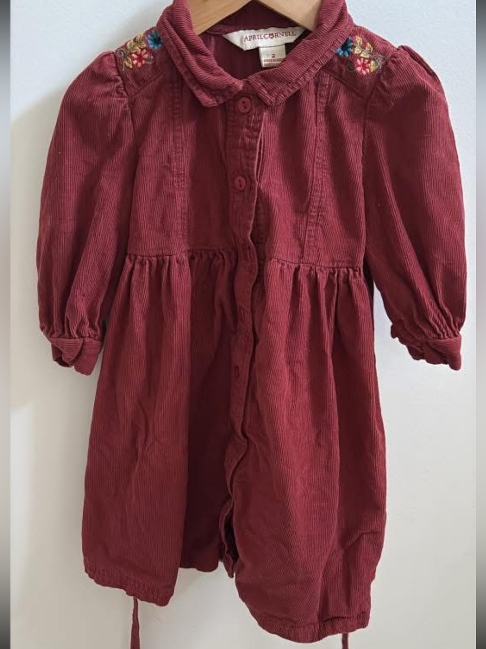 April Cornell Corduroy Button down Dress with Floral Embroidery